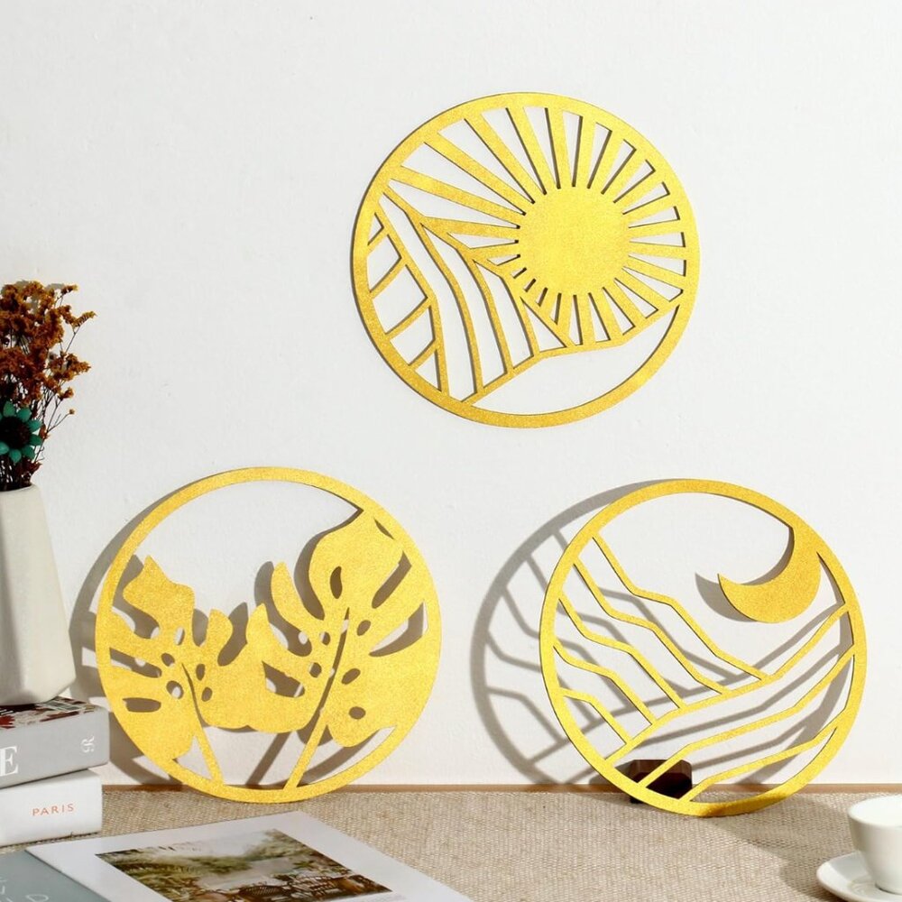 3 PCS Gold Boho Wall Art – 10” Hollow-Out Wooden Round Wall Decor, Bohemian